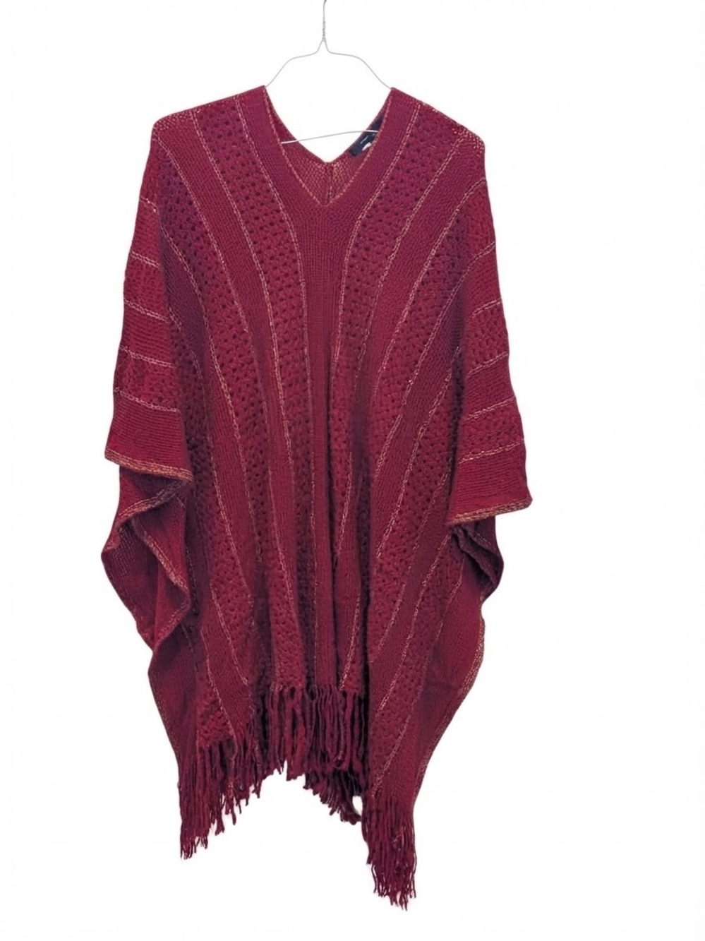 BCBGMAXAZRIA Red Metallic Knit Poncho Fringe Boho Witchy Academia Cape One Size